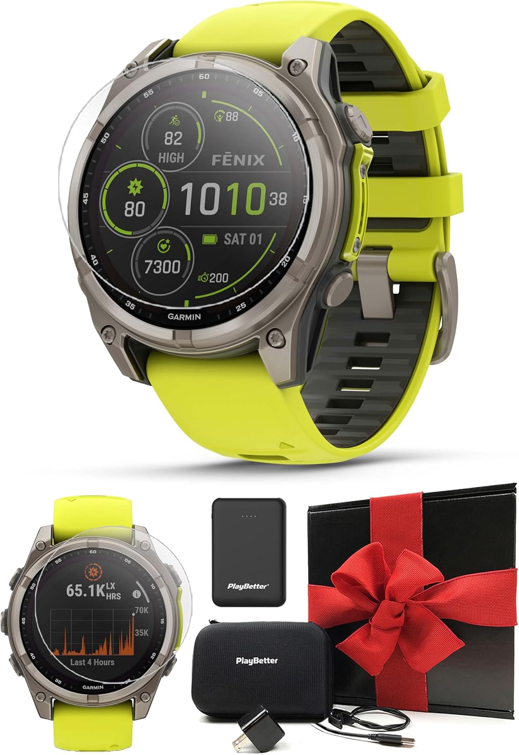 Garmin Fenix 8 Solar Sapphire (47mm, Titanium/Amp Yellow) Multisport GPS Smartwatch Gift Box Bundle - 1.4' Touchscreen, Built-in LED Flashlight with PlayBetter Charger, Screens, Adapter, Case