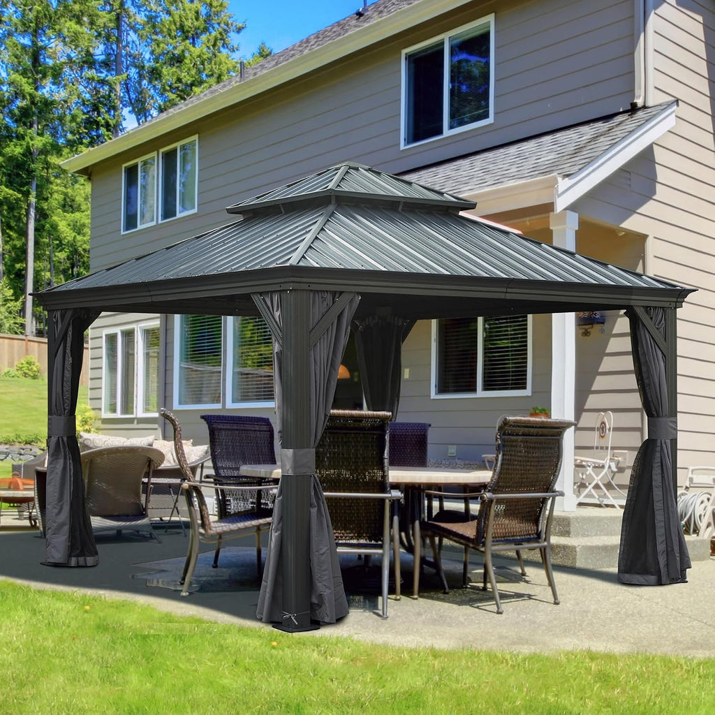 Domi 12' X 12' Hardtop Gazebo Outdoor Metal Gazebo with Galvanized Steel Double Roof Canopy, Aluminum Frame, Curtains and Netting for Patio, Deck, Garden, Grey