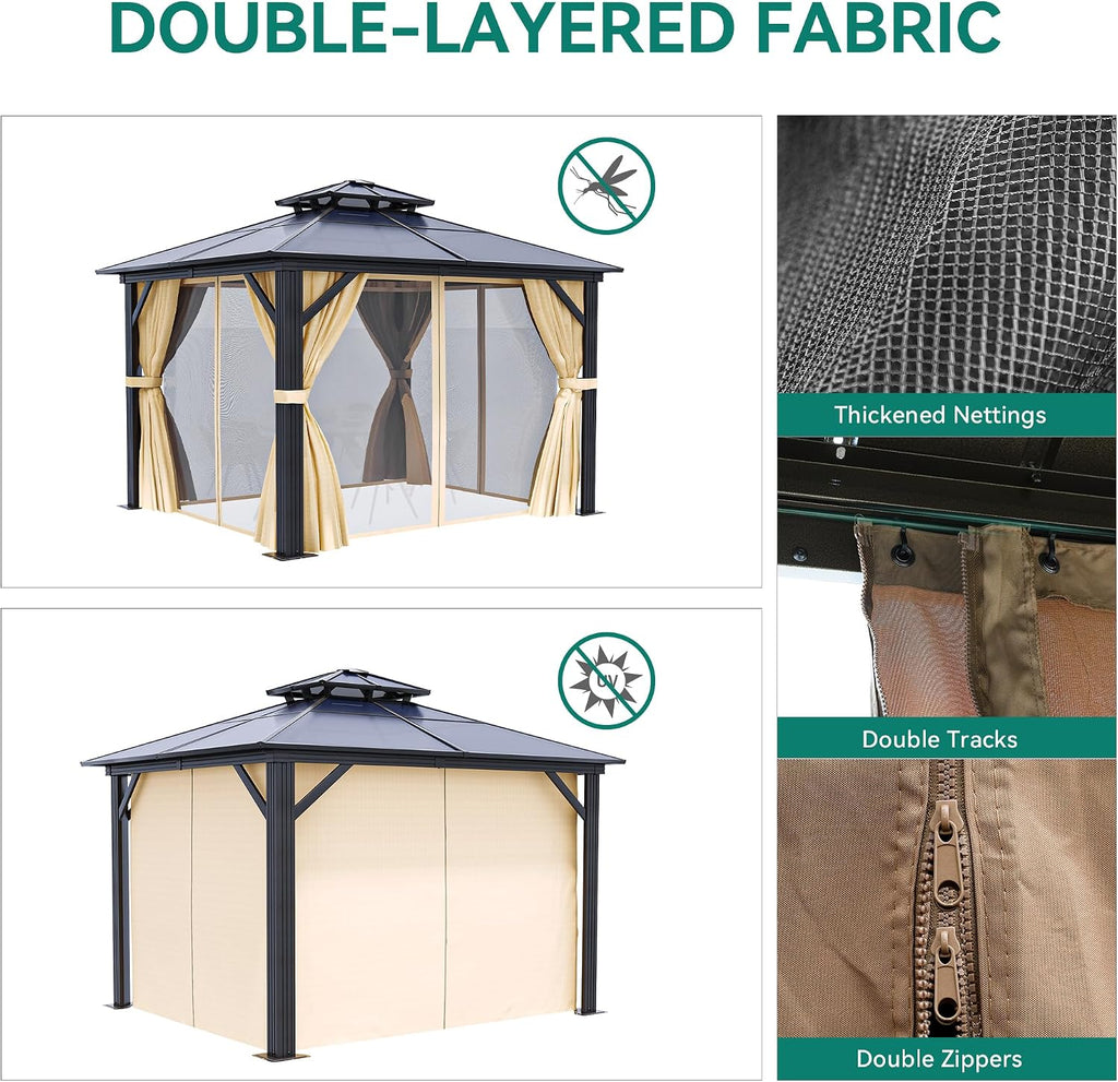 YITAHOME 10x10FT Gazebo Hard-Top Double Roof Canopy Outdoor with Netting and Shaded Curtains, Aluminum Frame Polycarbonate Hardtop Garden Tent for Patio, Backyard, Deck and Lawns, Brown