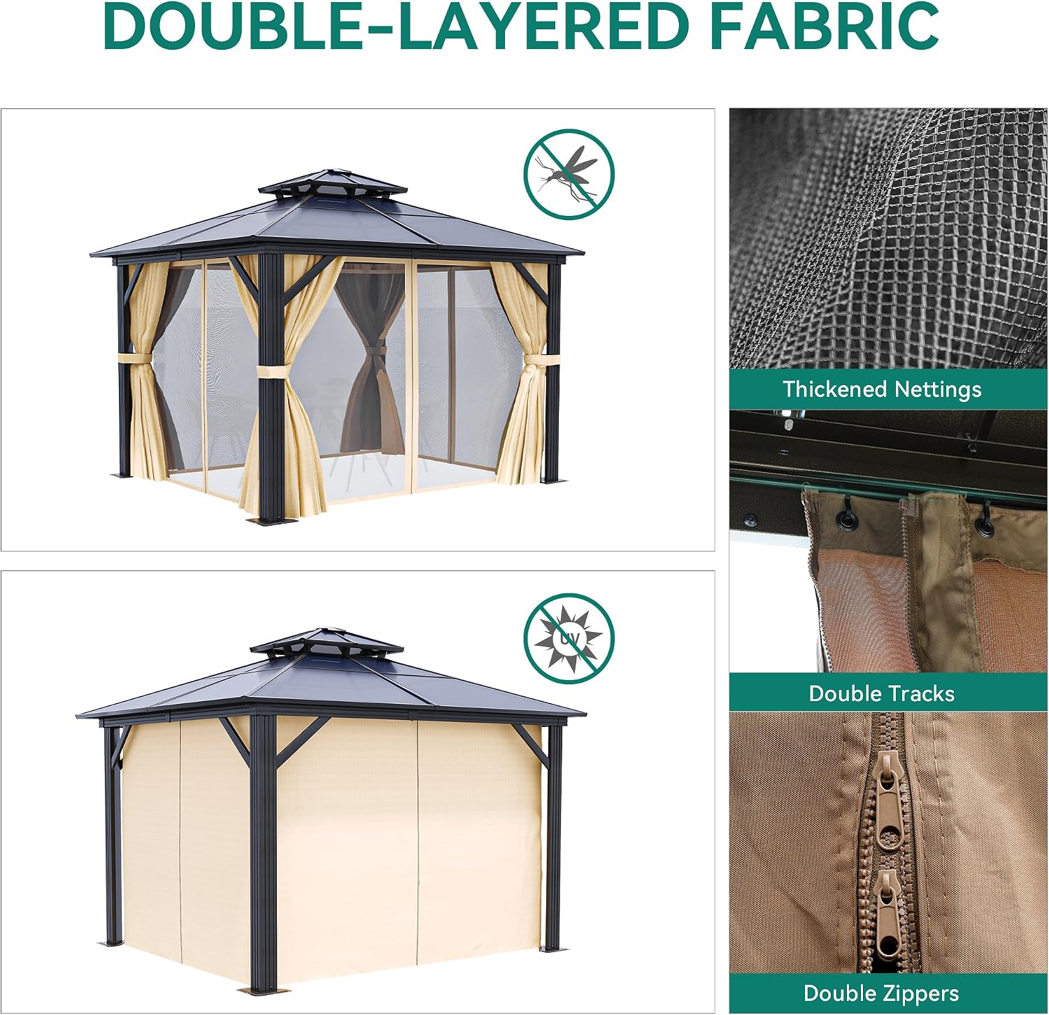 YITAHOME 10x10FT Gazebo Hard-Top Double Roof Canopy Outdoor with Netting and Shaded Curtains, Aluminum Frame Polycarbonate Hardtop Garden Tent for Patio, Backyard, Deck and Lawns, Brown