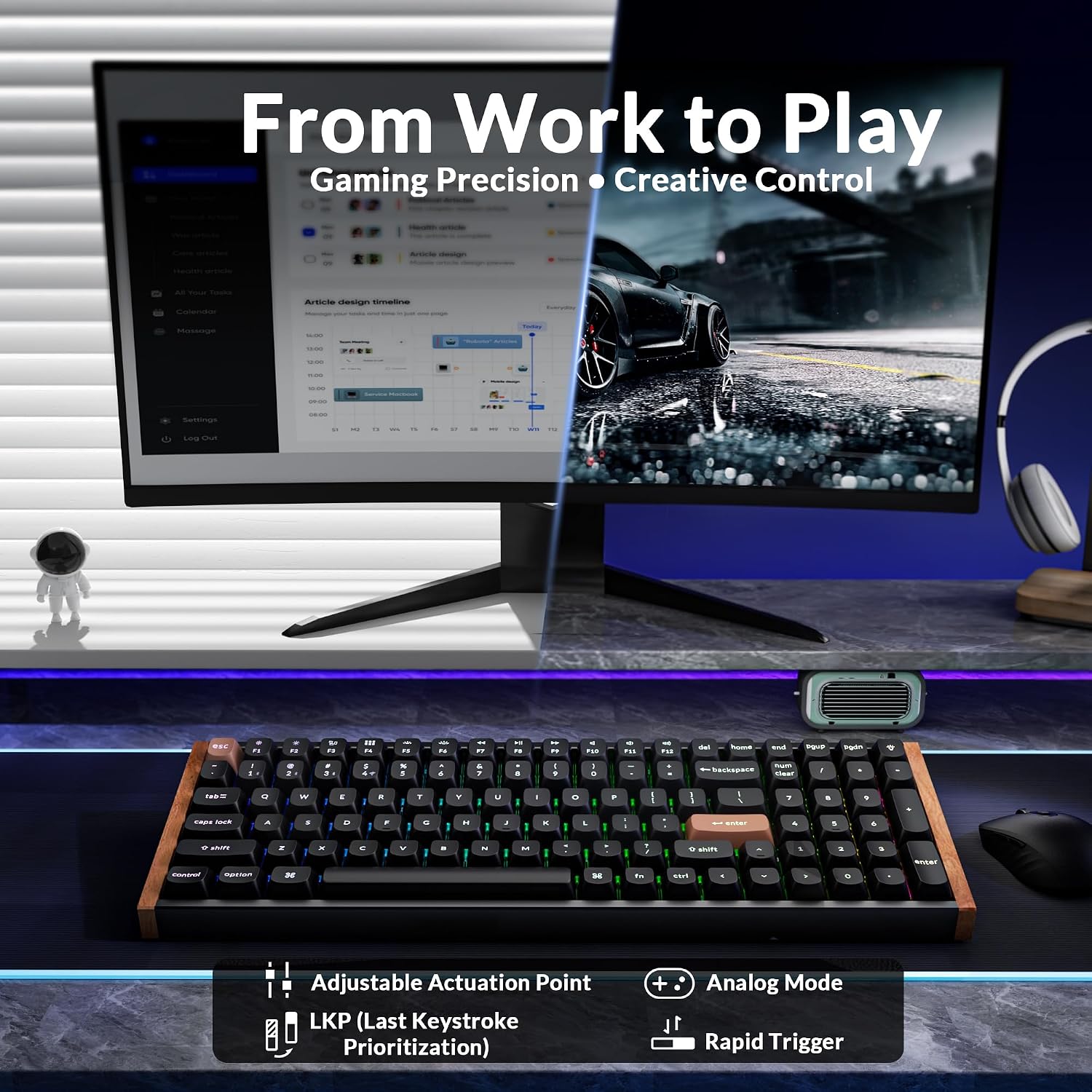 Keychron K4 HE 96% Wireless Hall Effect Keyboard with Number Pad, Rapid Trigger Magnetic Switches, QMK Launcher, 2.4GHz/Bluetooth/Wired, Mac & Windows, Wood Accent Frame, Black (Non-Shine-Through)