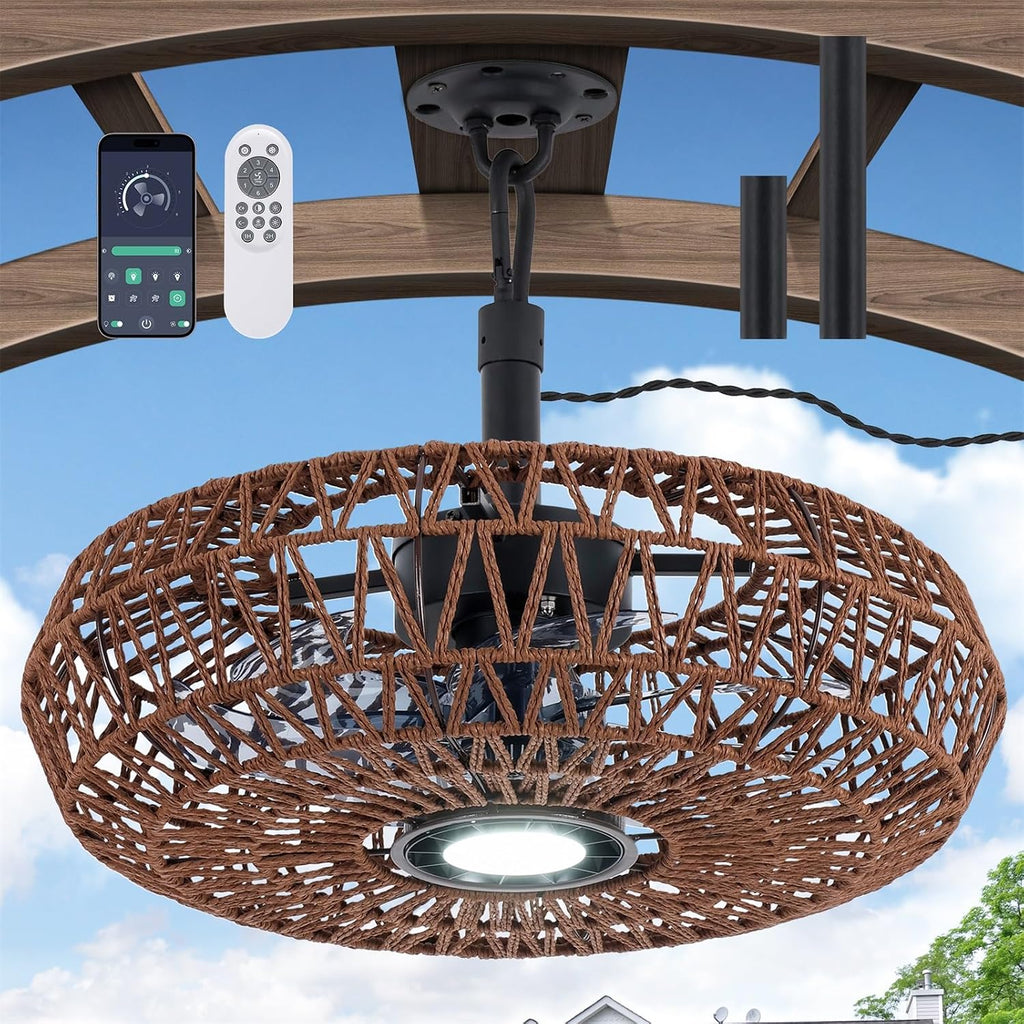 She's home 20'' Outdoor Gazebo Fan with Lights and Remote, Outside/Indoor Hanging Rattan Ceiling Fan, 3CCT Dimmable, 6-Speed DC Motor, Plug-in Wicker Woven Caged Ceiling Fans for Patio Porch Pergola