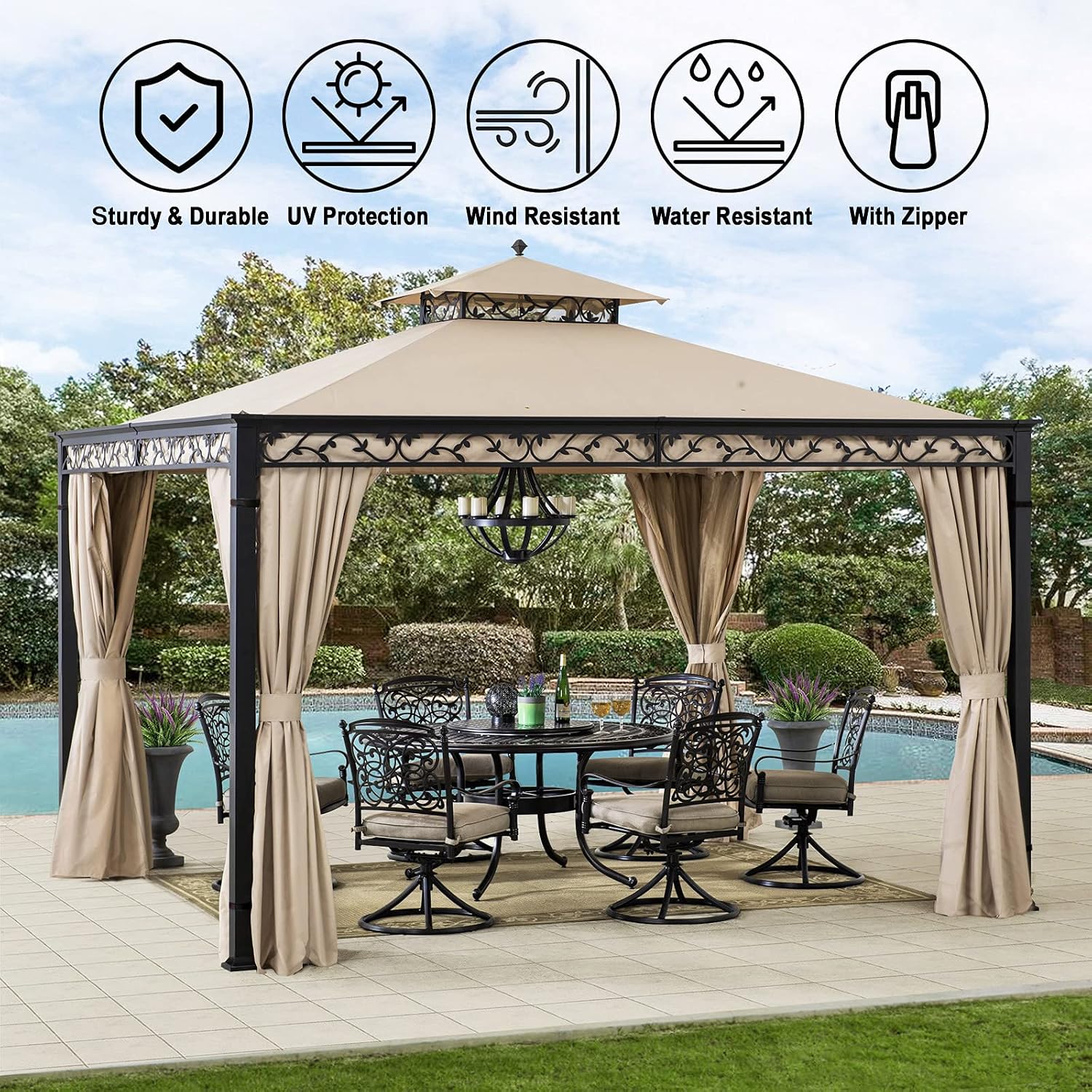 Westcharm Universal Gazebo Curtains 12' X 12' Replacement 4 Panels Privacy Curtain Set for Gazebo Outdoor (Privacy Side Wall Set Only)