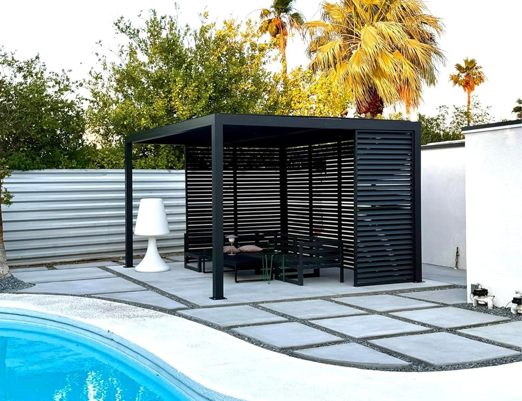 PURPLE LEAF Louvered Pergola 94AS 11' x 14' Outdoor Aluminum Pergola with Fixed Shutter Wall Adjustable Roof for Deck Backyard Grey Hardtop Gazebo, 1 Long Side