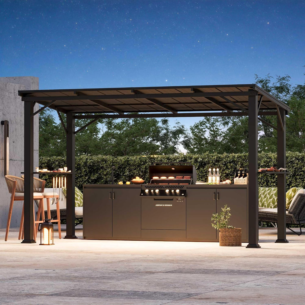 Big Leaf 6'x12' Hardtop Grill Shelter with Utility Shelf - Outdoor Cooking Gazebo Featuring Built-in Bottle Opener & Storage Hooks, Weather-Resistant Black BBQ Canopy for Patio/Garden, Black