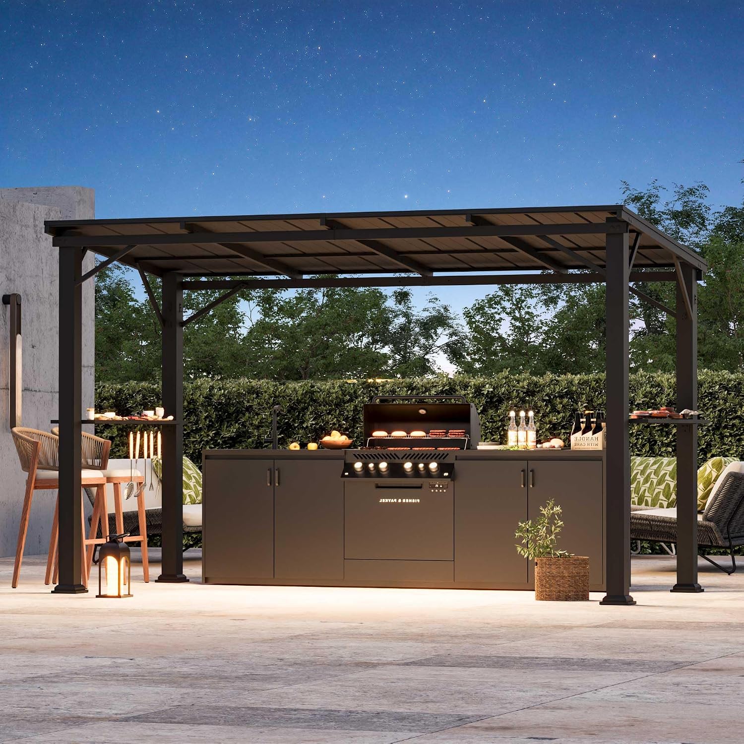 Big Leaf 6'x12' Hardtop Grill Shelter with Utility Shelf - Outdoor Cooking Gazebo Featuring Built-in Bottle Opener & Storage Hooks, Weather-Resistant Black BBQ Canopy for Patio/Garden, Black