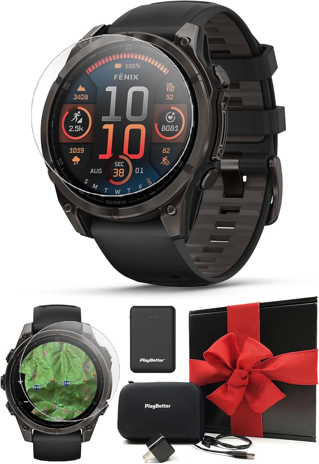 Garmin Fenix 8 AMOLED Sapphire (47mm, Carbon Gray DLC Titanium) Multisport GPS Smartwatch Gift Box Bundle - 1.4' Touchscreen, LED Flashlight with PlayBetter Charger, Screens, Adapter, Case