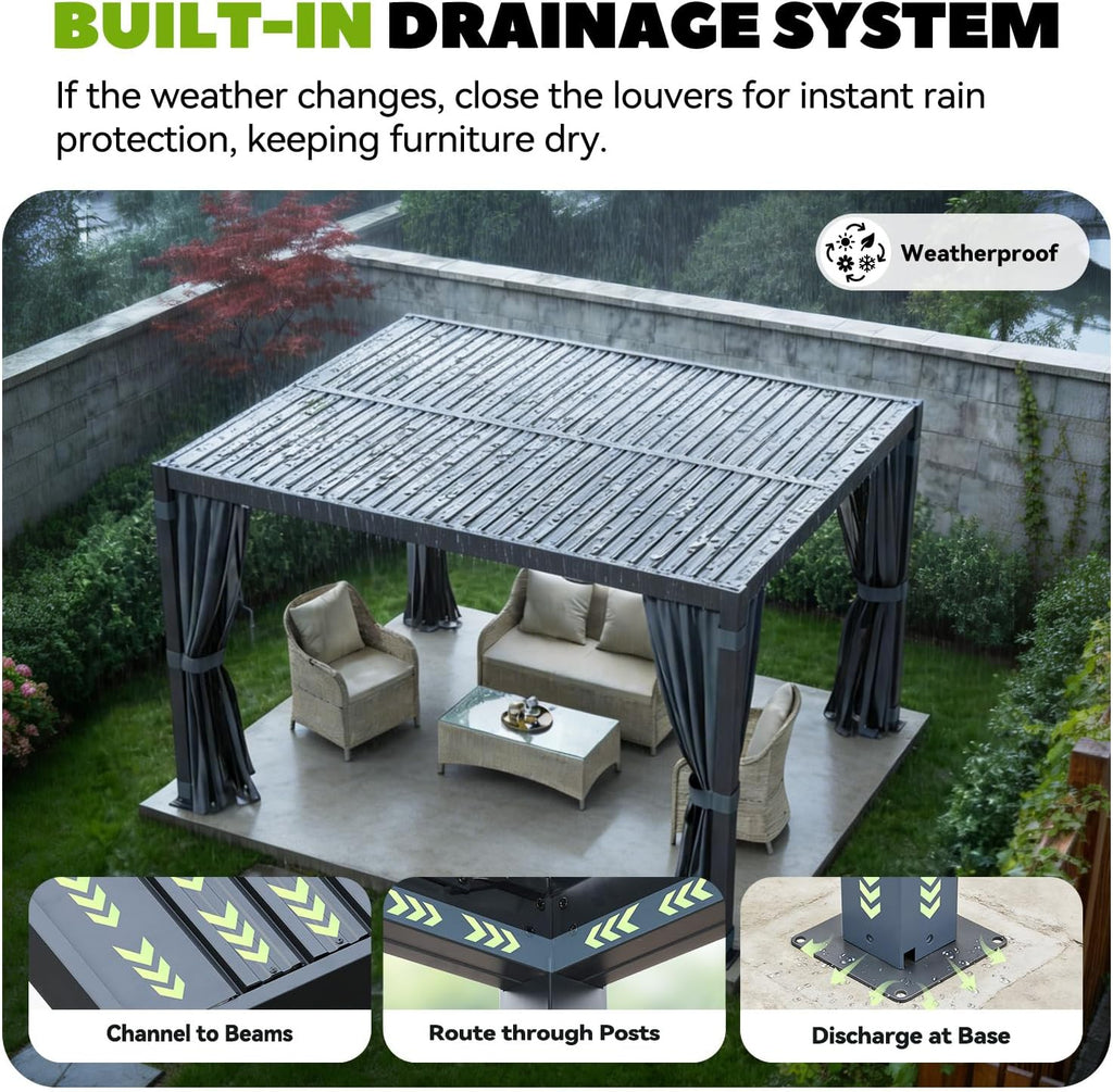 MELLCOM Louvered Pergola 10x12, Steel Aluminum Pergola with Adjustable Louvered Roofs, Outdoor Gazebo with Waterproof Curtains and Nets, Black