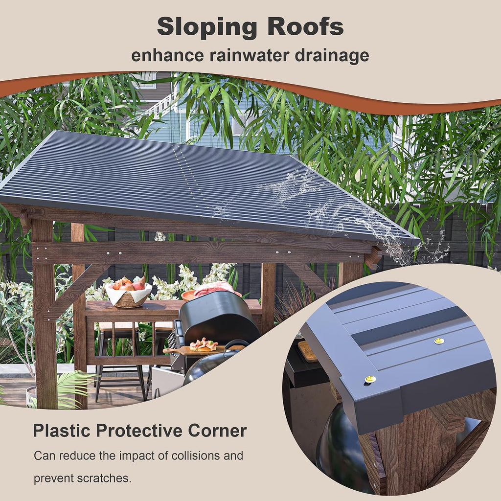 KEIKI 13' x 6.5' Wooden Grill Gazebo Metal Roof, Bulbs, Bar Counters, Patio Hardtop Grill Pergola, BBQ Canopy for Outdoor Patio, Lawn, Garden, Backyard
