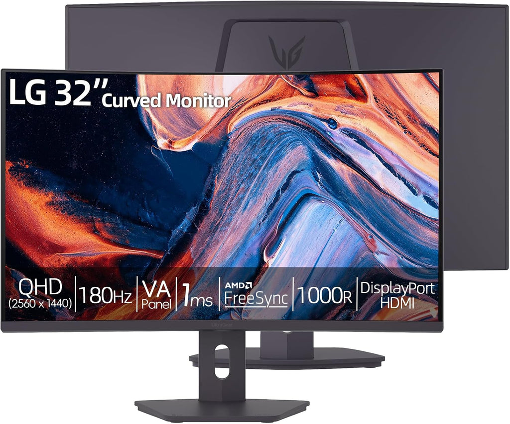 LG 32' Curved Monitor, QHD 1440p VA Panel, 180Hz, 1ms GtG, 1000R Deep Curvature, AMD FreeSync Compatible, HDR10, sRGB 99% Color, HDMI x2, DisplayPort x1, Height Tilt Swivel Adjustable Stand