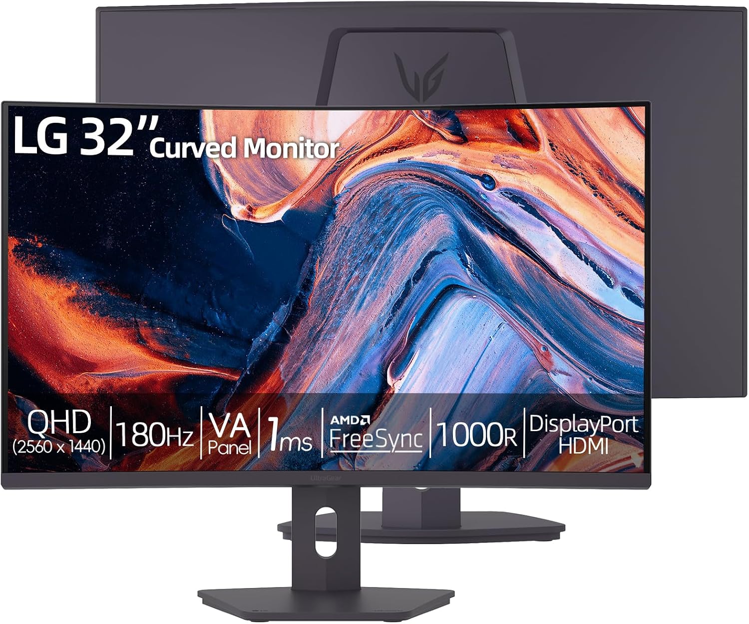 LG 32' Curved Monitor, QHD 1440p VA Panel, 180Hz, 1ms GtG, 1000R Deep Curvature, AMD FreeSync Compatible, HDR10, sRGB 99% Color, HDMI x2, DisplayPort x1, Height Tilt Swivel Adjustable Stand