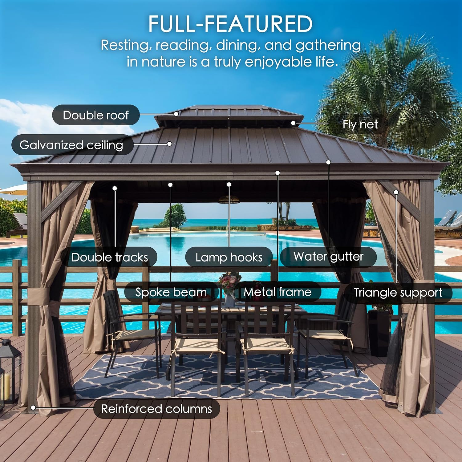 Kozyard Alexander 12' x 18' Hardtop Gazebo, Aluminum Frame with Galvanized Steel Double Roof, Outdoor Permanent Pavilion with Curtains and Netting for Patio, Backyard, Deck, Lawn(Brown)