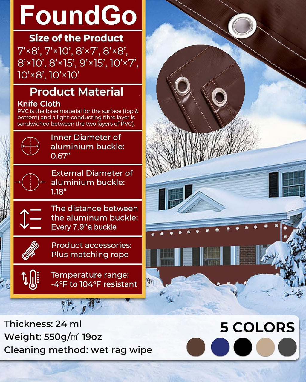 FoundGo 8'H x 15'W Vinyl Curtains for Patio 19oz, Outdoor Clear Vinyl Patio Enclosure,Heavy Duty Clear Tarp Waterproof Vinyl Tarps with Grommets for Pergola, Balcony,Porch,Gazebos，-4℉ Cold Resistant