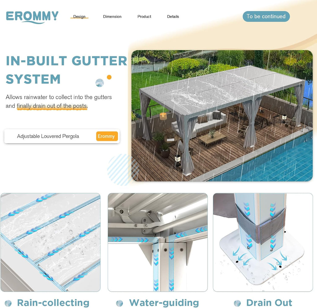 EROMMY Louvered Pergola 10x20, Outdoor Aluminum Pergola with Adjustable Rainproof Roof for Garden, Patio, Deck, Waterproof Curtains and Netting Included, White