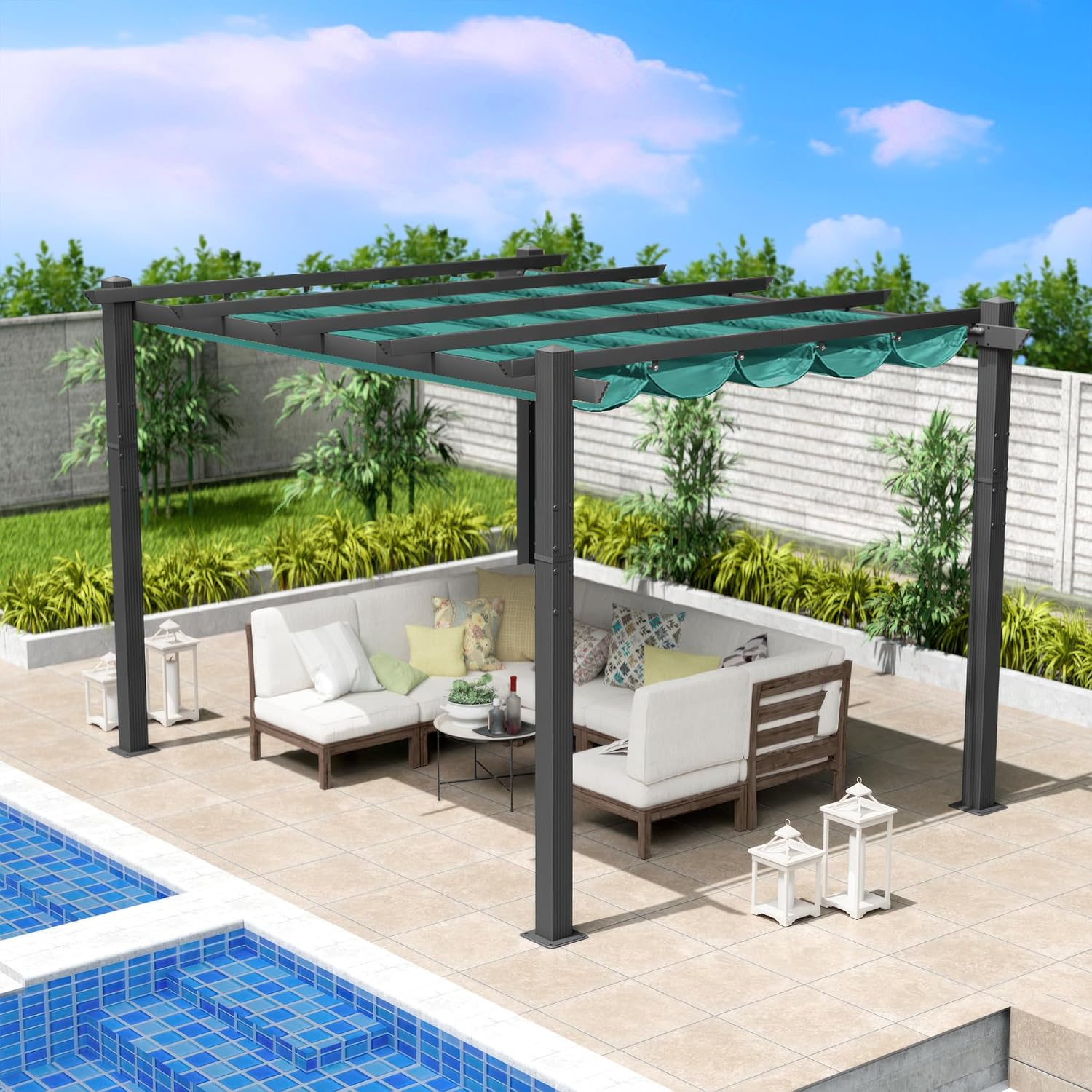 Kozyard Morgan Outdoor Retractable Pergola with Sun Shade Canopy Patio Aluminum Pergola Shelter for Backyard Deck Garden Modern Metal Grill Gazebo (10' x 12', Blue)