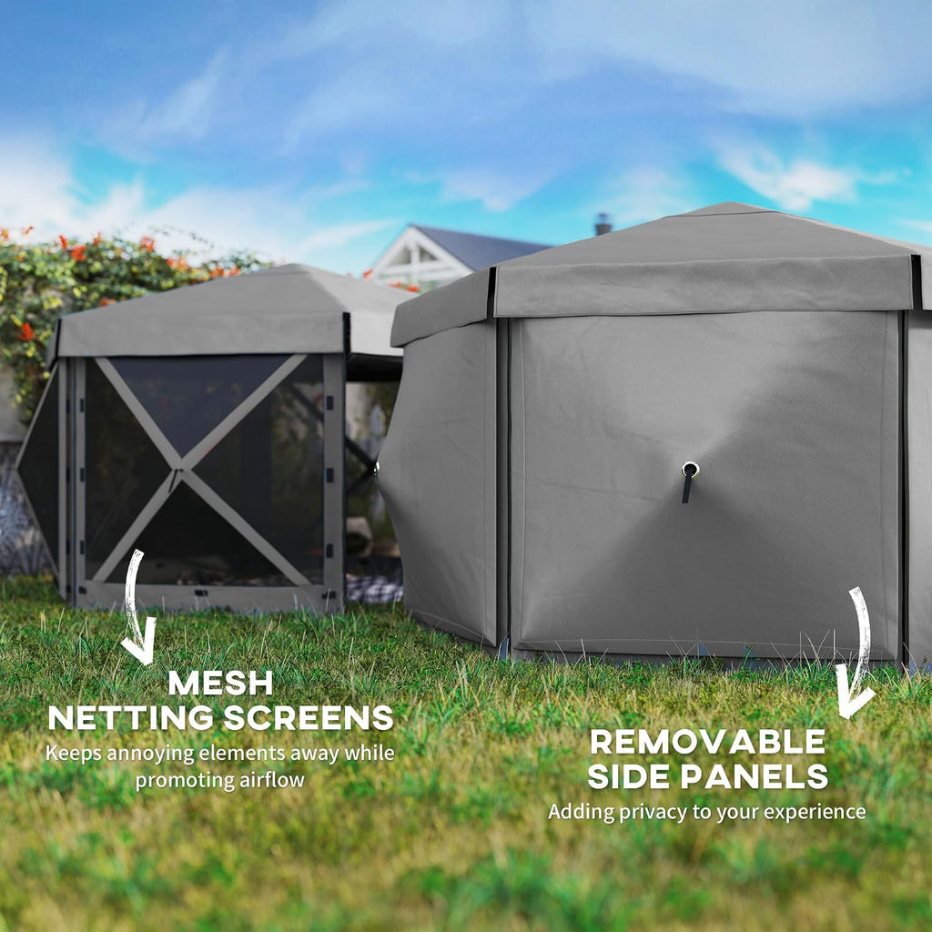 Outsunny 12' x 12' Hexagonal Pop Up Gazebo Tent with 5 Sidewalls, Waterproof Portable Outdoor Canopy Shelter with Curtains, Carry Bag, 5 Ropes, 11 Stakes for Camping, Garden, Patio, Dark Gray