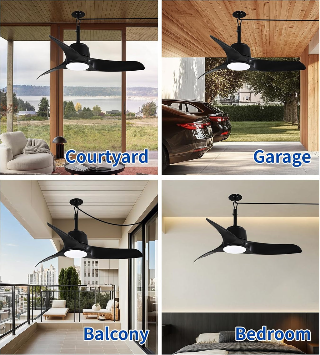 42' Outdoor Ceiling Fans with Lights, IP66 Wet Rated Waterproof Ceiling Fan with Remote Control, 6-Speed DC Motor, Farmhouse Gazebo Fan for Porch Patios Pavilion (Black)