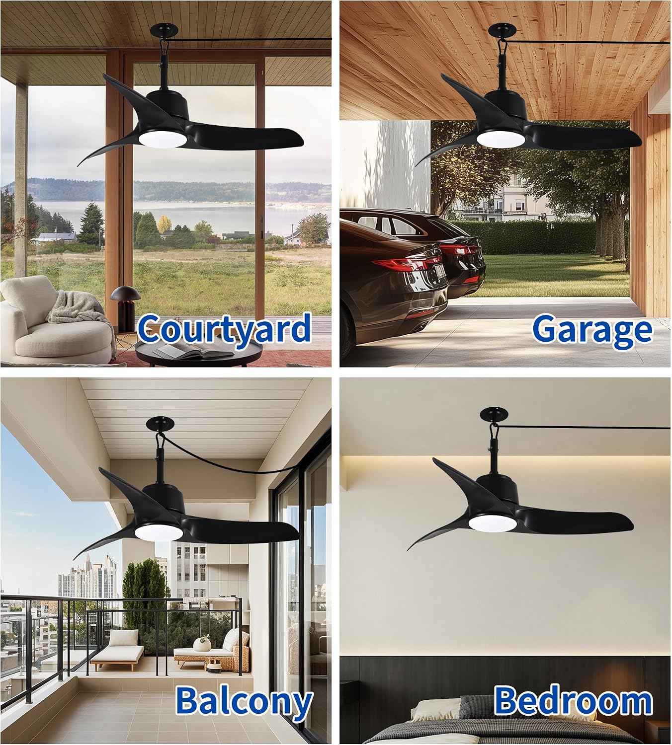 42' Outdoor Ceiling Fans with Lights, IP66 Wet Rated Waterproof Ceiling Fan with Remote Control, 6-Speed DC Motor, Farmhouse Gazebo Fan for Porch Patios Pavilion (Black)