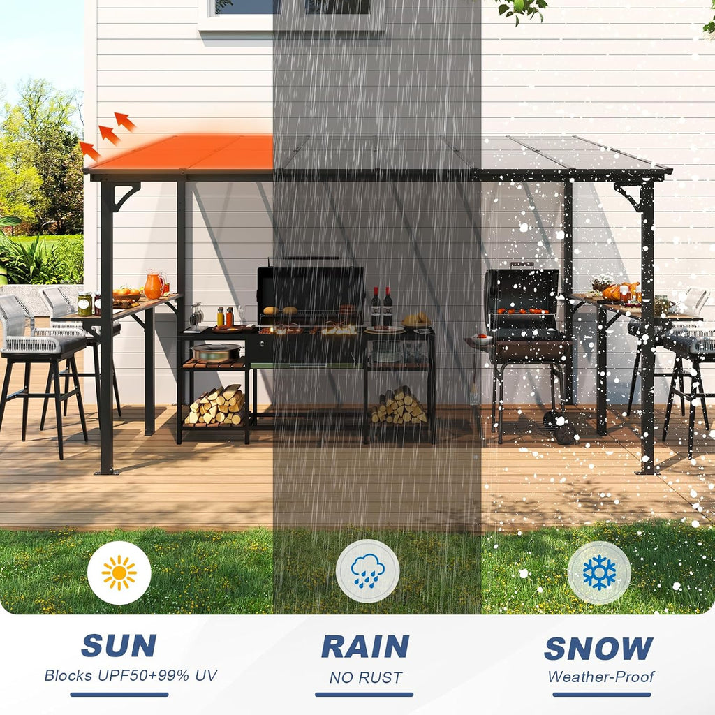 MEISSALIVVE 8' x 12' Wall Mounted Gazebo, Outdoor BBQ Grill Gazebo with Side Shelf, Lean to Metal Awnings with Sloped Roof, Heavy Duty Pergola for Backyard, Deck, Black