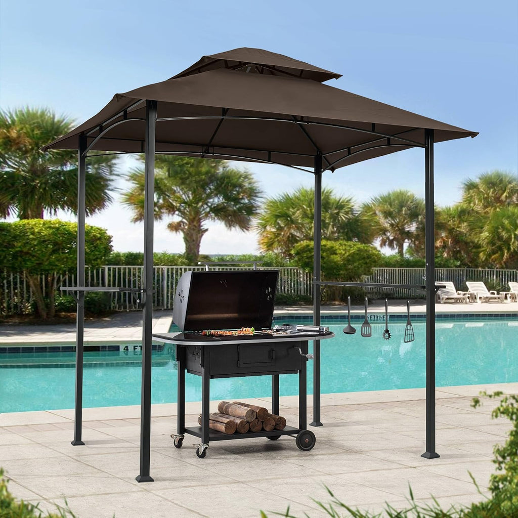 8' x 5' Double Tier Soft Top Grill Gazebo, Outdoor Barbecue Gazebo with Hook and Bar Counters, Grill Canopy for Barbecue & Outdoor Canopy, Brown