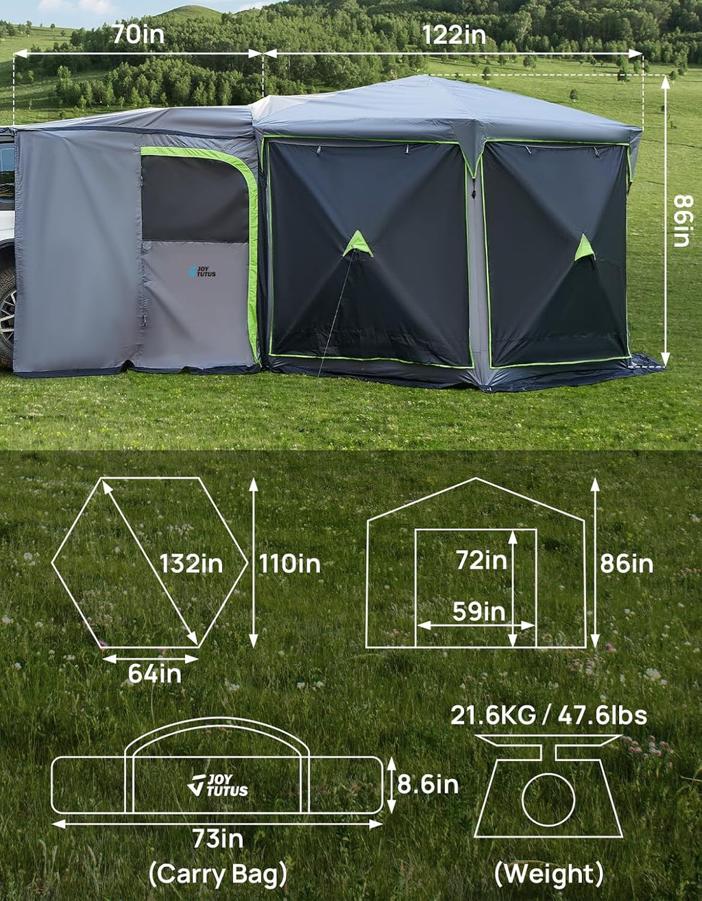 JOYTUTUS Dual-Use Pop up SUV Tent for Camping, 11x11 FT for Family, SUV Tailgate Tent for Vehicle Camping, Outdoor Gazebo, Canopy Shelter Portable Carry Bag, Grey Green