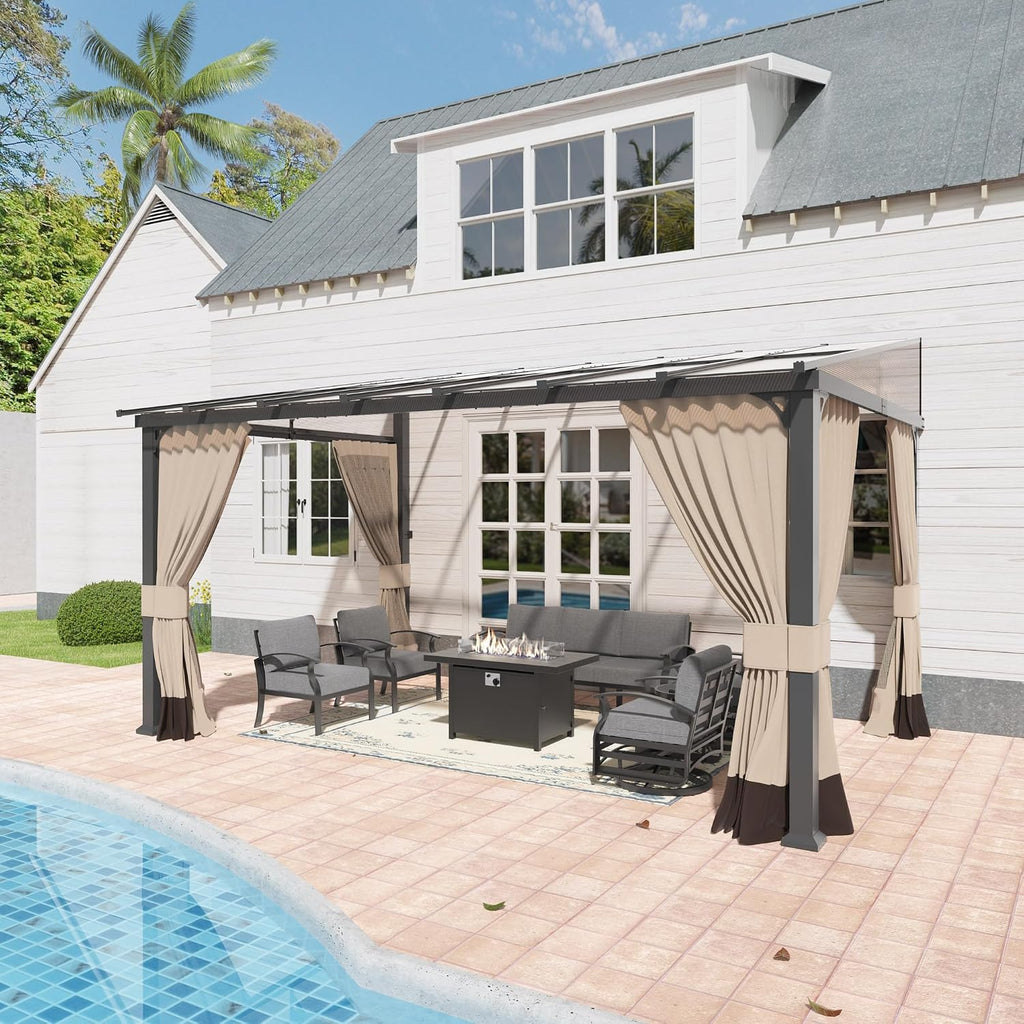 10' x 14' Gazebo for Patio,Wall Mounted Gazebo with Sloping Polycarbonate Roof,Aluminum Frame Outdoor pelgole w/Netting & Curtain for Garden,Deck,Backyard,Khaki