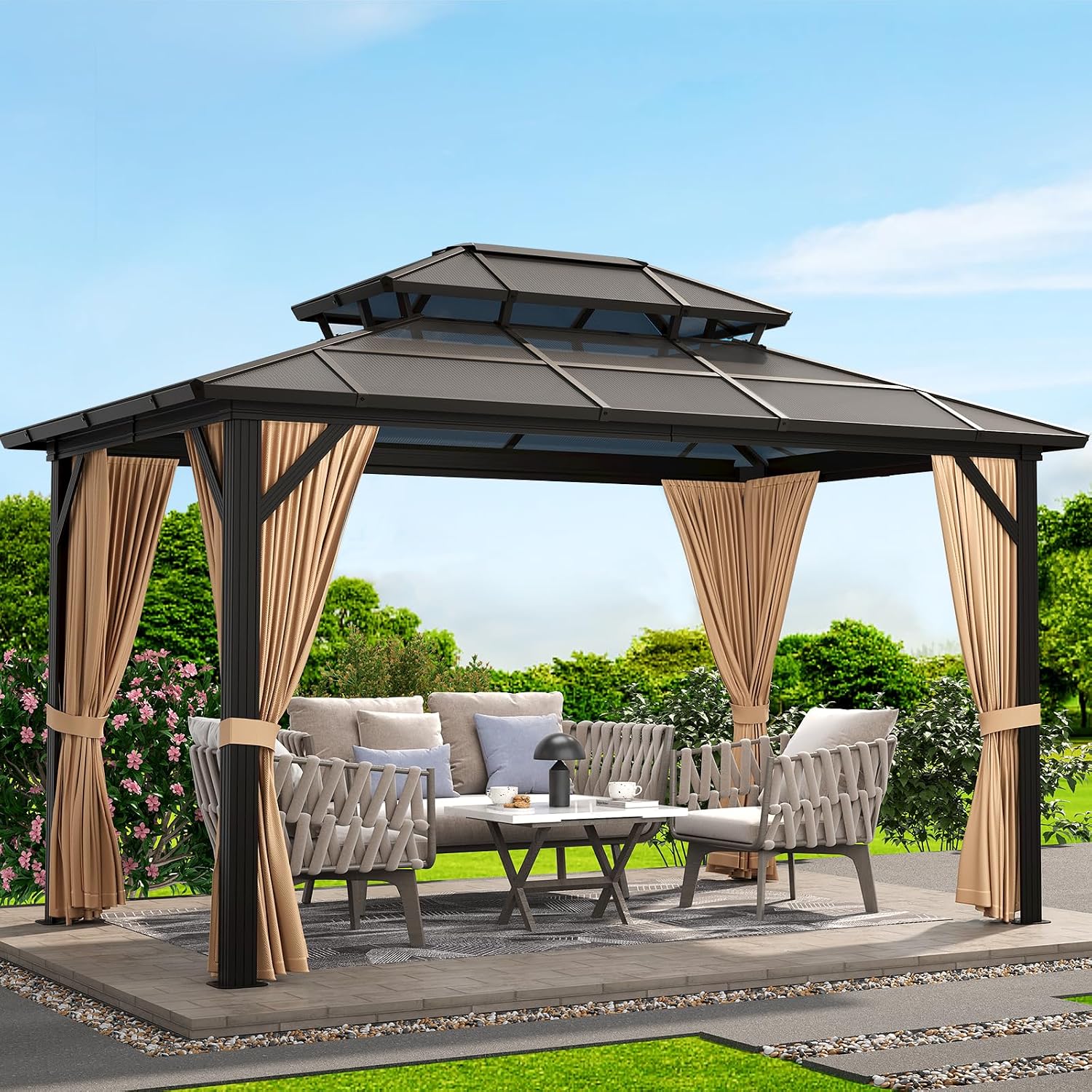 GAOMON 10'x13' Hardtop Gazebo, Outdoor Polycarbonate Double Roof Canopy, Aluminum Frame Permanent Pavilion with Curtains and Netting, Sunshade for Garden, Patio, Lawns (10x13ft)