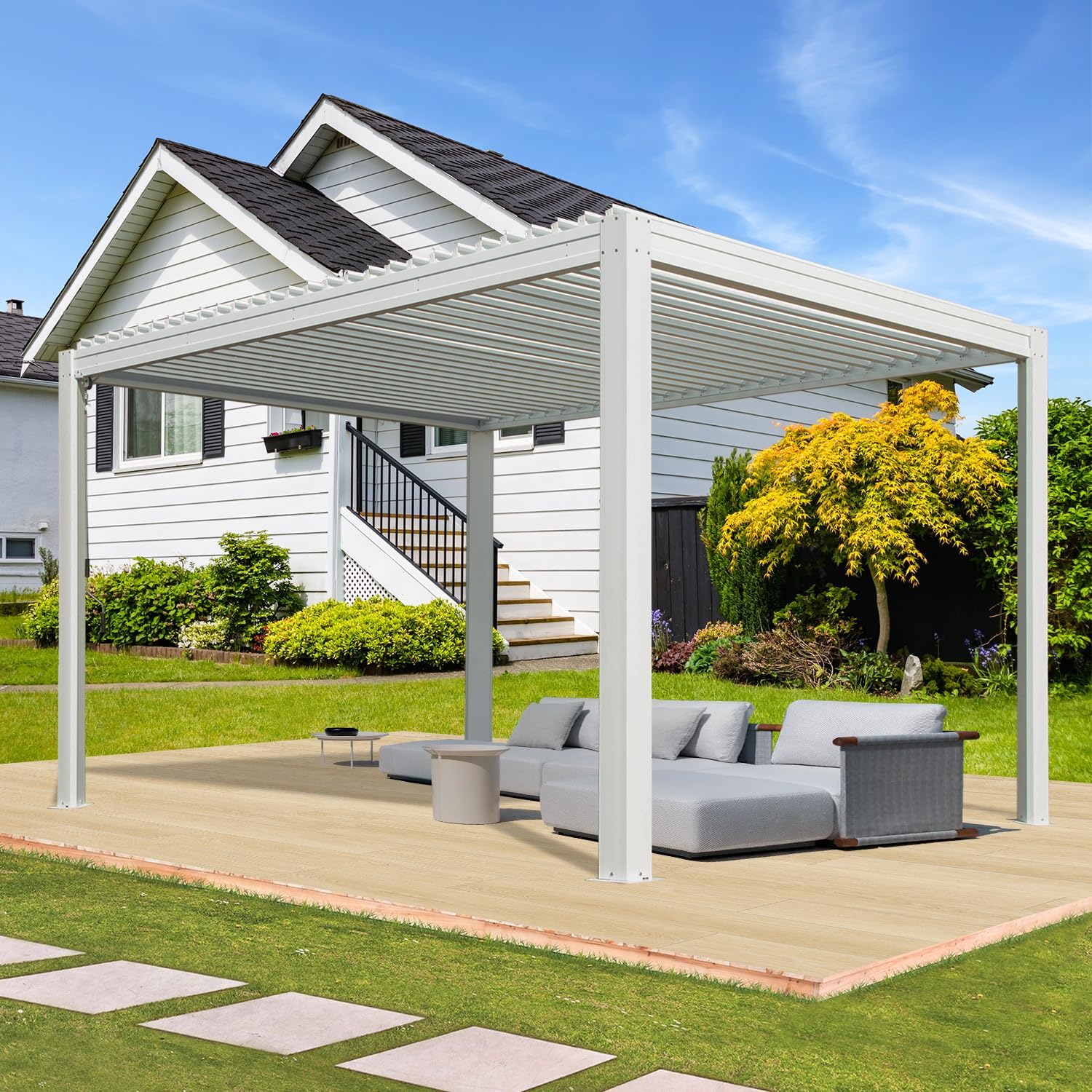 Domi Louvered Pergola 10×10 FT, Outdoor Aluminum Pergola with Adjustable Rainproof Roof and Drainage System, Metal Pergola Gazebo for Patio, Deck, Backyard, White