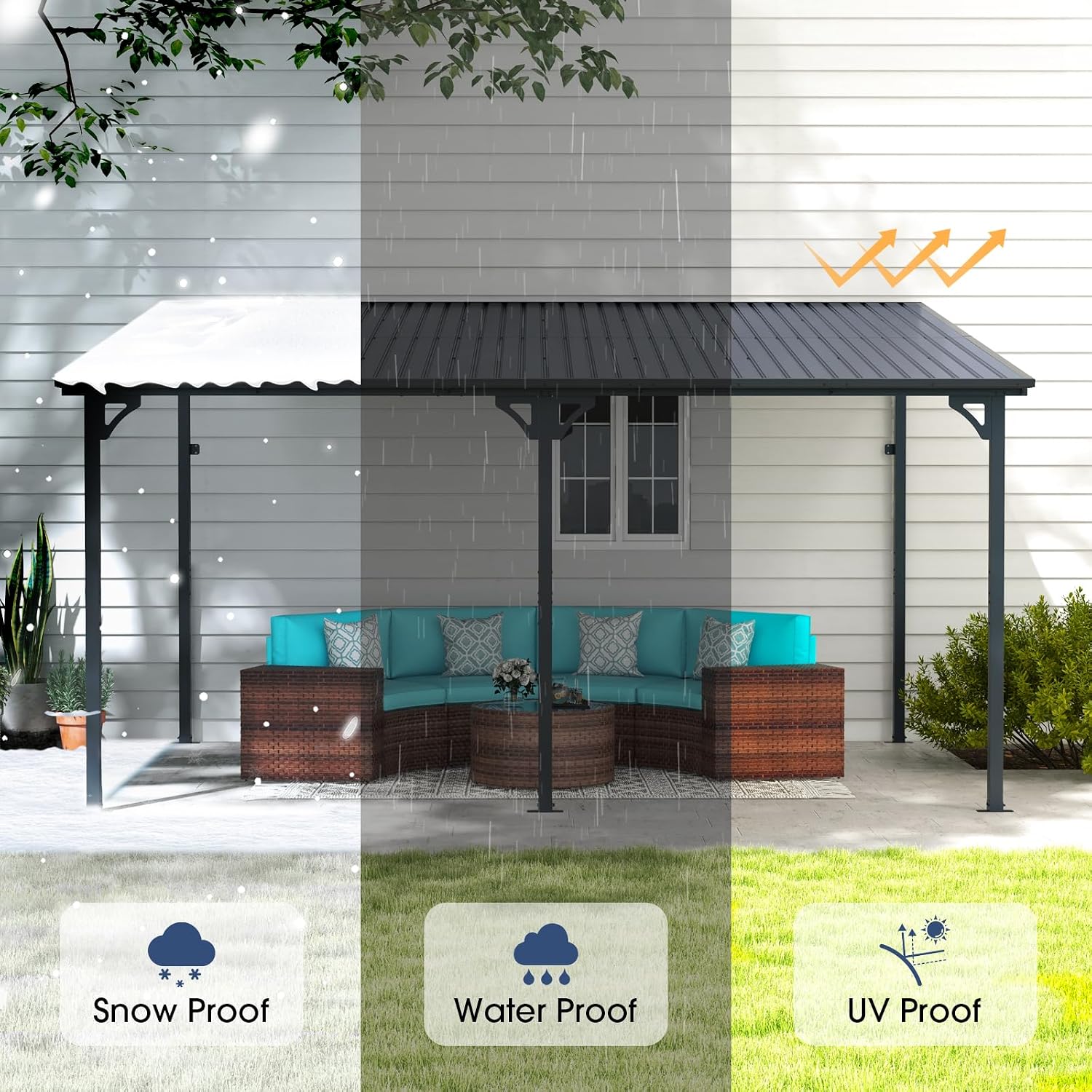 OC Orange-Casual 10x14 FT Patio All-Iron Gazebo,Hard Top Lean to Gazebo Pergola with Roof, Wall Mounted Heavy Duty Awnings, for Outdoor, Backyard, Deck