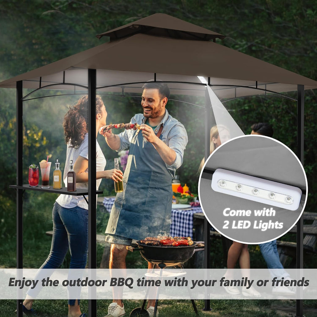 8'x 5' Grill Gazebo Canopy, Outdoor BBQ Gazebo with Led Light, Barbeque Gazebos Shelter for Patio (Brown)