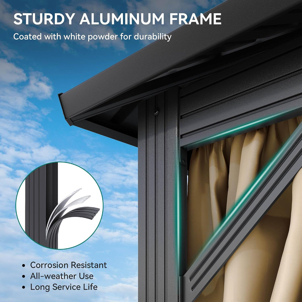 YITAHOME 12x18ft Gazebo Hardtop Canopy Outdoor Heavy Duty Double Roof w/Nettings and Curtains, Upgraded Aluminum Column Galvanized Steel Vertical Stripes Roof for Patio, Backyard, Deck, Lawns, Brown