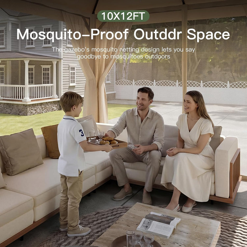 Aoxun Outdoor Gazebo for Patio 10x12 Metal Frame Canopy with Double Roofs Heavy Duty Party Tent and Shelter with Mosquito Netting and Privacy Screen for Backyard, Lawn, Garden, Deck (Khaki)
