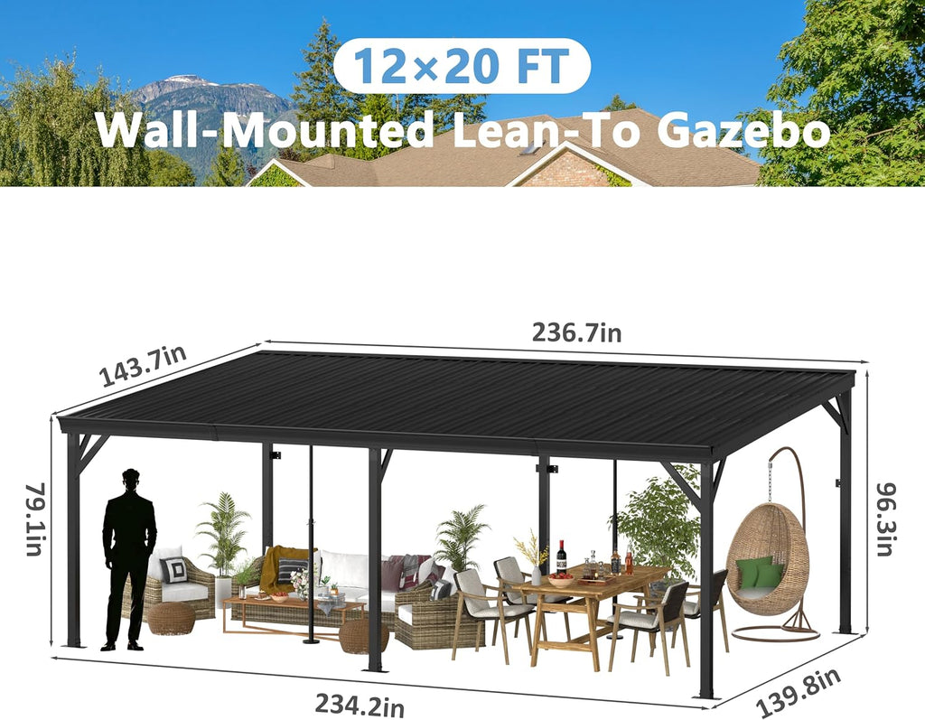 Yardenaler 12x20 FT Wall Mounted Gazebo, Hardtop Lean to Gazebo with Aluminum Slope Roof, 3.15'x3.15' Post Outdoor Pergola with Adjustable Support Posts for Poolside, Patio, Backyard, Deck, Black