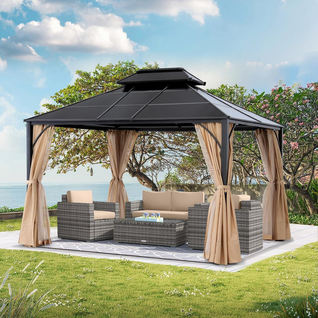 ABCCANOPY Double Roof Outdoor Hardtop Gazebo 10x12 - Patio Polycarbonate Hard Top Gazebos with Curtain and Netting (Beige)