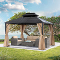 ABCCANOPY Double Roof Outdoor Hardtop Gazebo 10x12 - Patio Polycarbonate Hard Top Gazebos with Curtain and Netting (Beige)