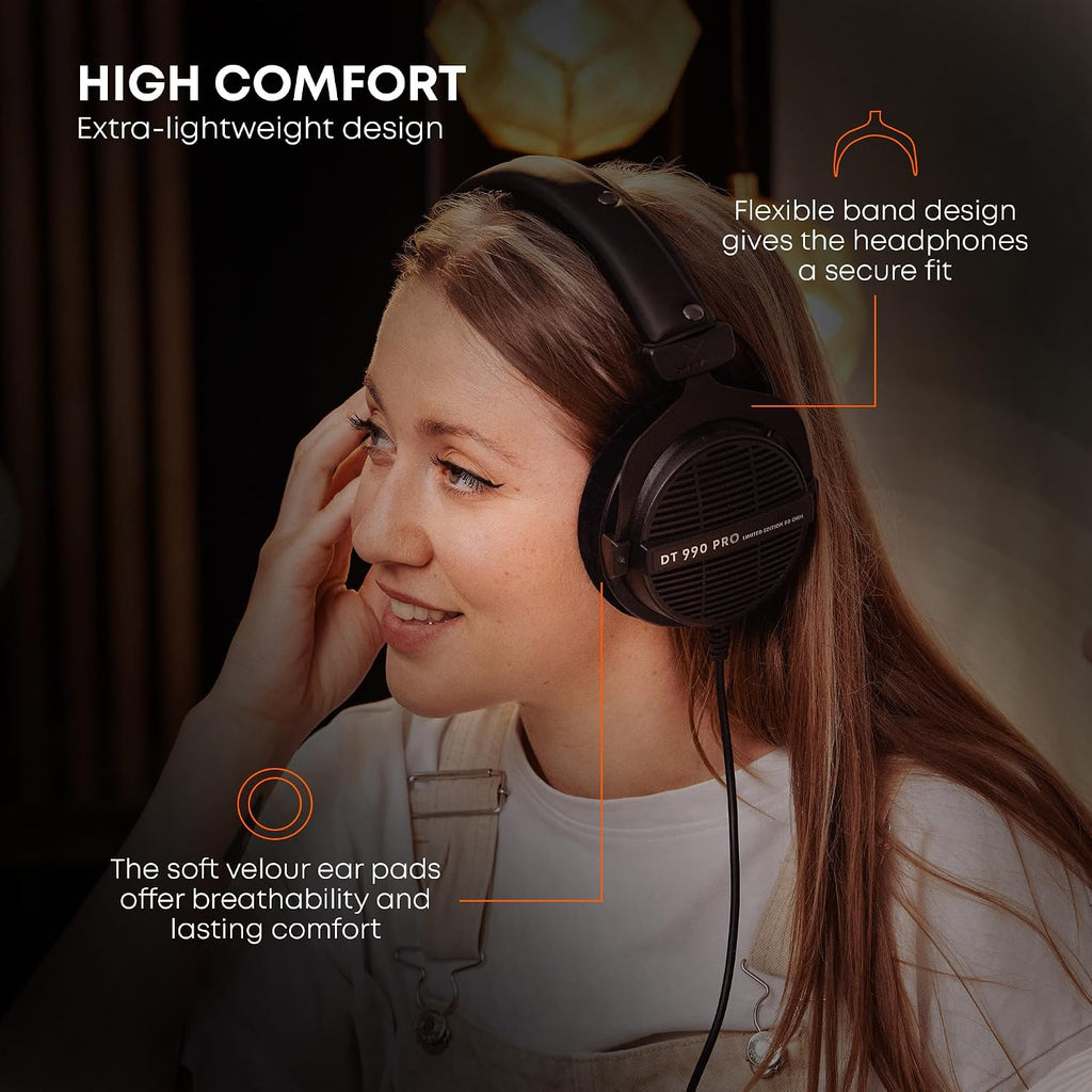 beyerdynamic DT 990 PRO, 80 Ohm, Open Back, Over Ear, Wired Professional Studio Headphones, Gaming, Podcast, Audiophile, Mixing, 3m Straight Cable, Black with Gray Velour Ear Pads