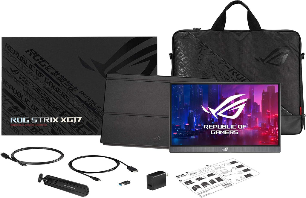ASUS ROG Strix XG17AHP 17.3' Portable Gaming Monitor, 1080P Full HD, IPS, 240Hz (Supports 144Hz), Adaptive-Sync, Eye Care, Micro-HDMI USB-C, ROG Tripod, Carrying Bag, 3 Hour Battery Life (Renewed)