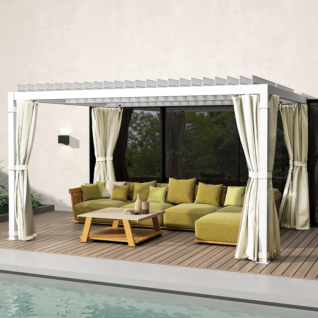 Outsunny 10' x 13' Louvered Pergola Hardtop Gazebo with Adjustable Aluminum Roof and Frame, Outdoor Pergola with Curtains and Netting, for Garden, Lawn, Backyard, and Deck, Cream White