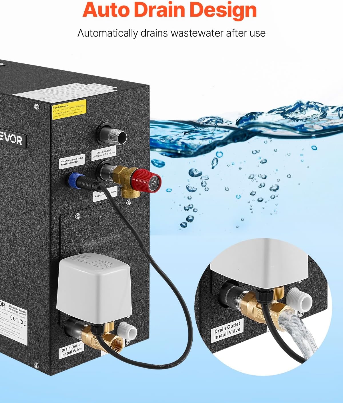 VEVOR Steam Generator, 7.5 kW Steam Shower System with Controller for Home Sauna & Spa, Commercial Auto Drain Kit with Overheat, Dry-Run & Overpressure Protection, 10min to 24h Timer, Black