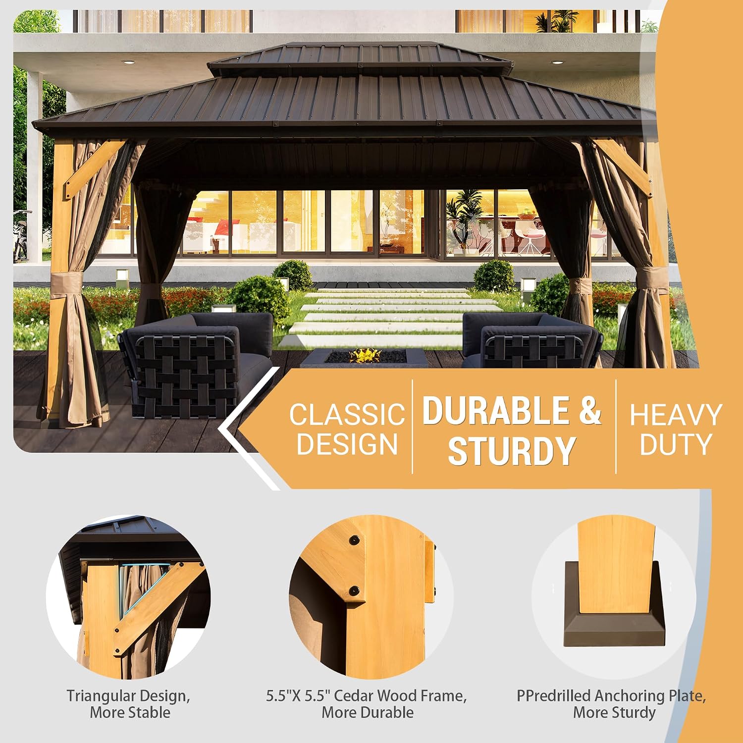 Domi 10' X 14' Wood Gazebo, Cedar Frame Hardtop Gazebo with Galvanized Steel Double Roof, Netting & Curtains, Patio Pergola Pavilion for Patio, Backyard, Deck, Lawns