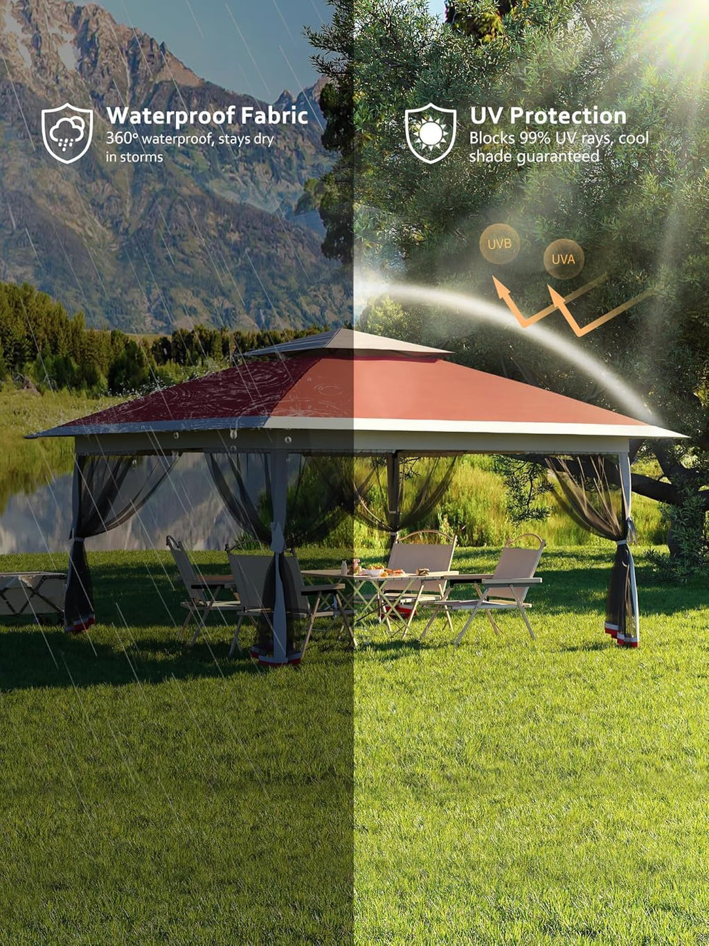 13x13ft Pop Up Gazebo, Outdoor Canopy Tent with Mosquito Netting, Heavy Duty Party Tent Shelter with Waterproof and Ultraviolet Double Roof for Backyard, Garden, Lawn and Deck (Red)