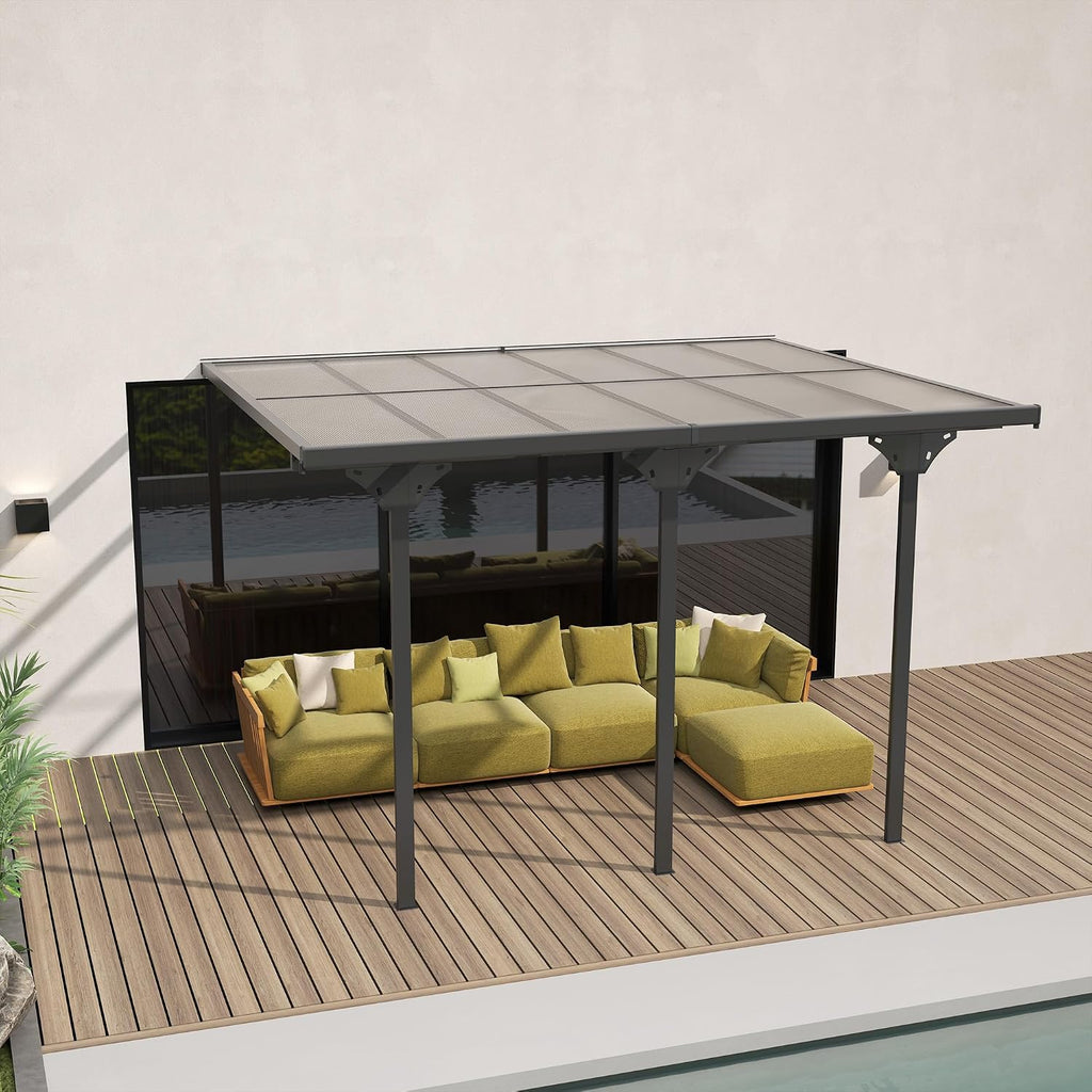 Outsunny 12' x 10' Outdoor Polycarbonate Pergola, Transparent UV Blocking Awning, Hardtop Deck Gazebo with Adjustable Posts and Height, Aluminum, Gray