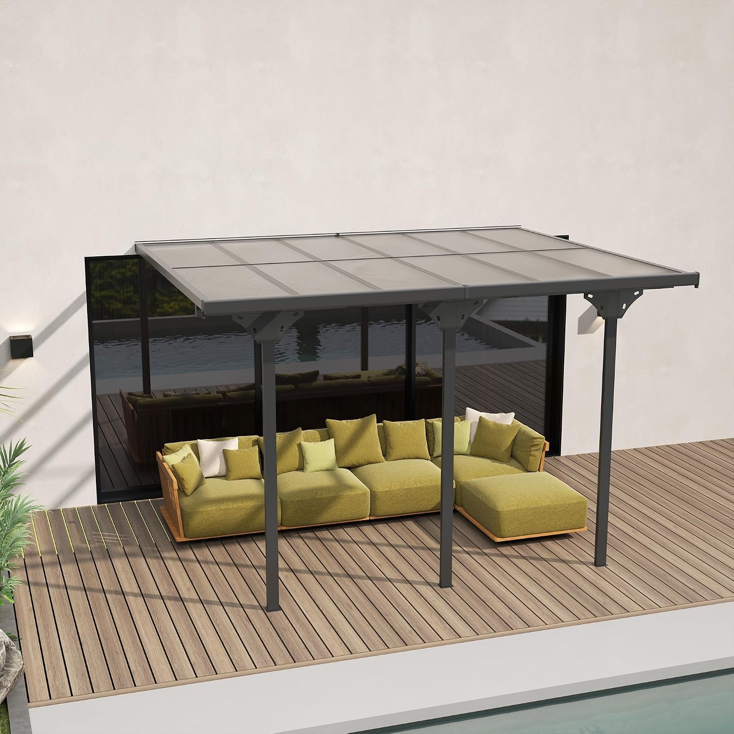 Outsunny 12' x 10' Outdoor Polycarbonate Pergola, Transparent UV Blocking Awning, Hardtop Deck Gazebo with Adjustable Posts and Height, Aluminum, Gray