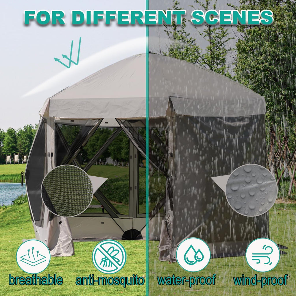 Lenotos Pop Up Screen Tent, 12'x12' Windproof & UV Protection Sun Shelter, Portable Instant Setup, 6-Sided Screen Tent for Picnic, Camping, Backyard, Outdoor (Grey)