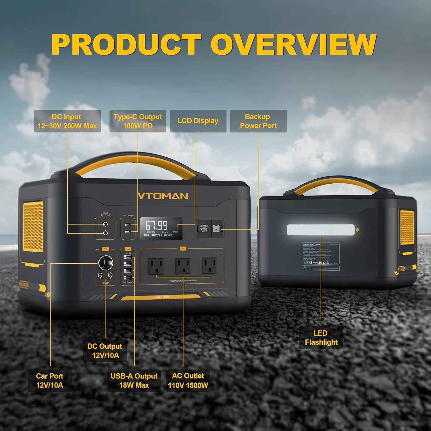 VTOMAN 2376Wh Portable Power Station with Extra Battery & 200W Solar Panel - 1500W Up to 3000W Solar Power Generator for Home Backup, Off-grid, Road Trip, RV, Camping, Fishing, Vehicle Emergency