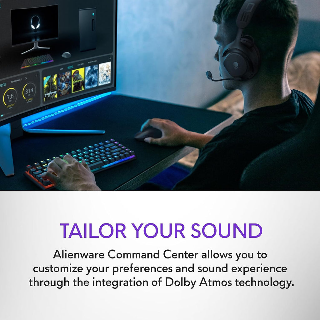 Alienware Pro Wireless Gaming Headset - Wired/Wireless, Bluetooth 5.3, 15 Minute Fast Charging, Audio Output 20 Hz, Battery Talk Time (ANC on) Up to 24 Hrs (Bluetooth), Dark Side of The Moon