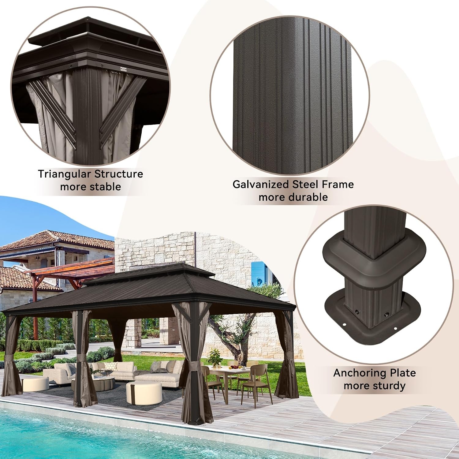 12' x 20' Outdoor Hardtop Gazebo with Gutters, Double Roof Galvanized Metal Gazebo for Backyard, Patio, Deck, Hot Tub, Heavy Duty Permanent Gazebos with Curtains and Netting -Brown