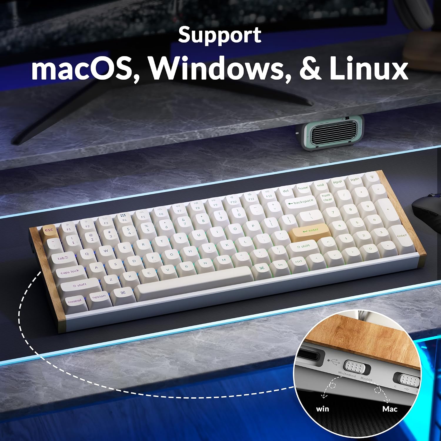 Keychron K4 HE 96% Wireless Hall Effect Keyboard with Number Pad, Rapid Trigger Magnetic Switches, QMK Launcher, 2.4GHz/Bluetooth/Wired, Mac & Windows, Wood Accent Frame, White (Non-Shine-Through)