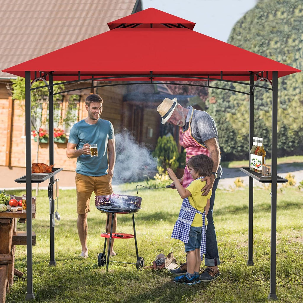 Tangkula 8x5 Ft Grill Gazebo, Double Tiered Outdoor Barbecue Grill with 2 Side Shelves, 5 Hooks, Bottle Opener for Patio, Garden, Beach, Backyard (Wine)