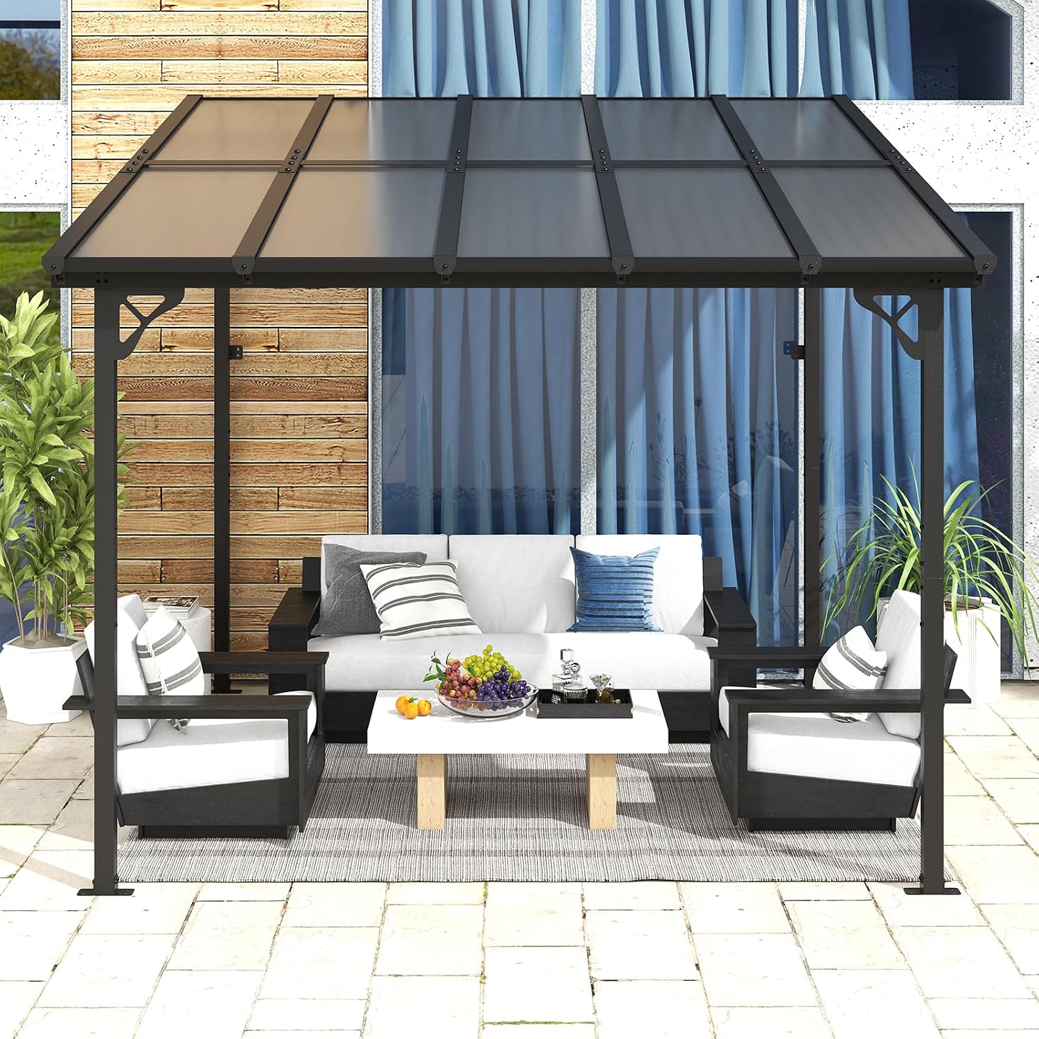 10' x 10' Gazebo for Patio, Gazebo Pergola with Sloped Roof, Large Wall-Mounted Heavy Duty Awnings, for Backyard, Patio, Deck and More